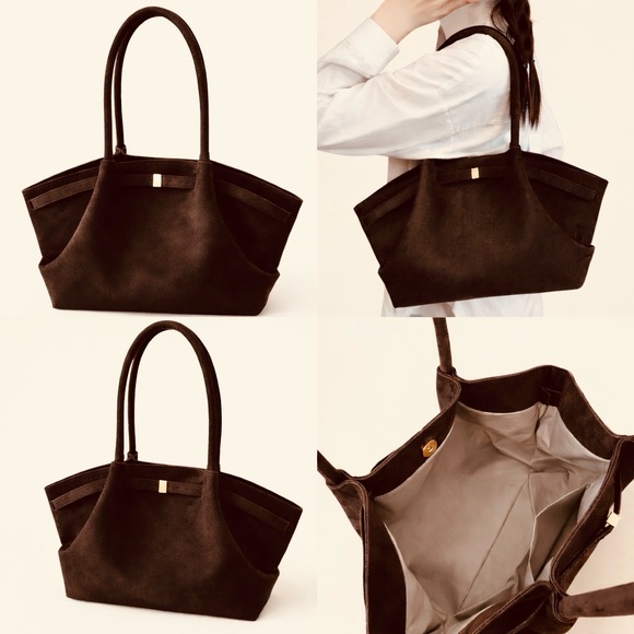 Chocolate Brown with Gold Tone Medium Size Large Capacity Faux Suede Bag - Picture 3 of 4